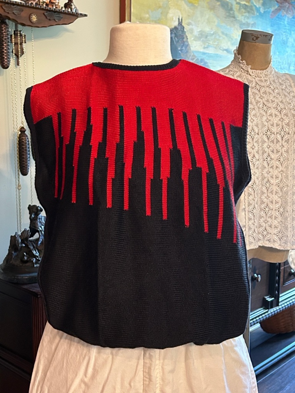 1980’s Fire Islander Red and Black Graphic Knit Sleeveless Sweater Sz M